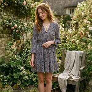 Mi Ami Floral Mini Dress S Blue Smocked Waist Flutter Sleeve Boho Cottagecore